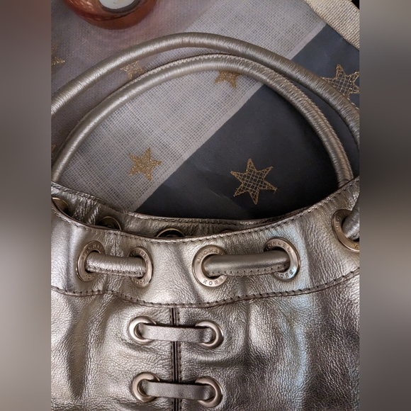 KORS Michael Kors Large Gold Metallic Leather Drawstring Laced Snap Tote 24 - Picture 4 of 11